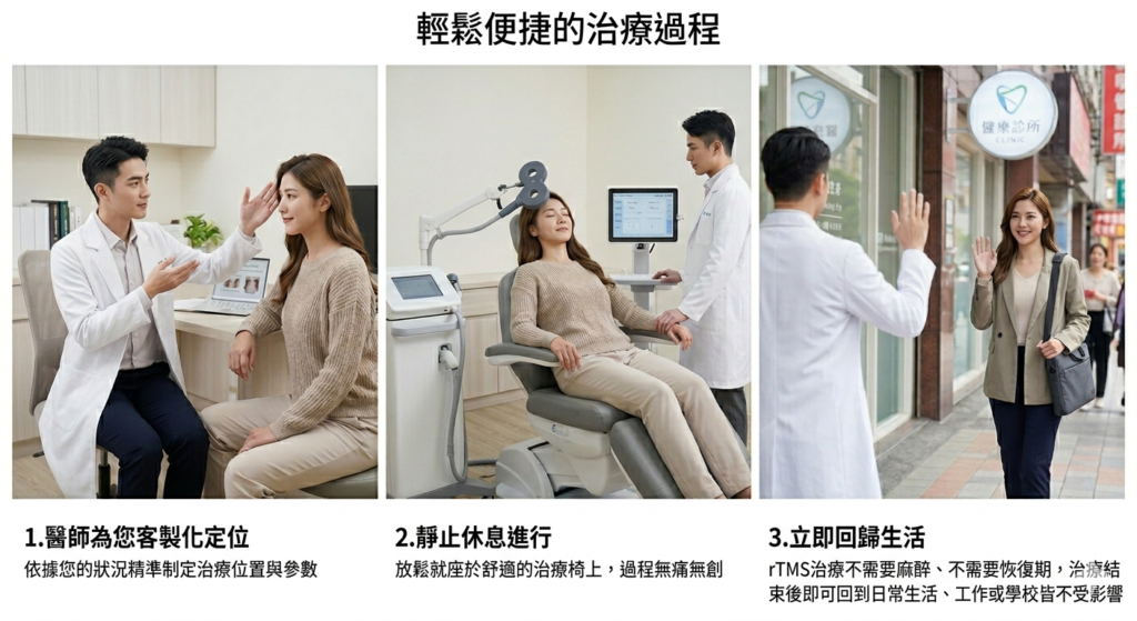 rTMS治療流程示意圖:諮詢定位治療回歸生活 - 青欣診所