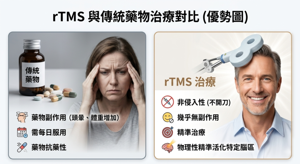rTMS治療優勢示意圖:非侵入性精準治療 - 青欣診所
